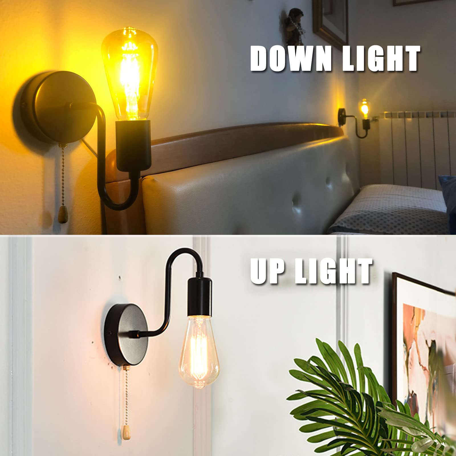 JZCDR vintage pull chain wall sconce E26 bulb compatibility including LED options for energy efficiency.