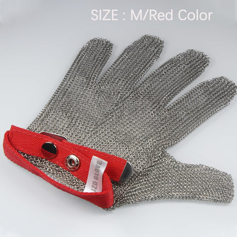 JZD anti-cutting gloves red, stainless steel rings detail for enhanced protection.