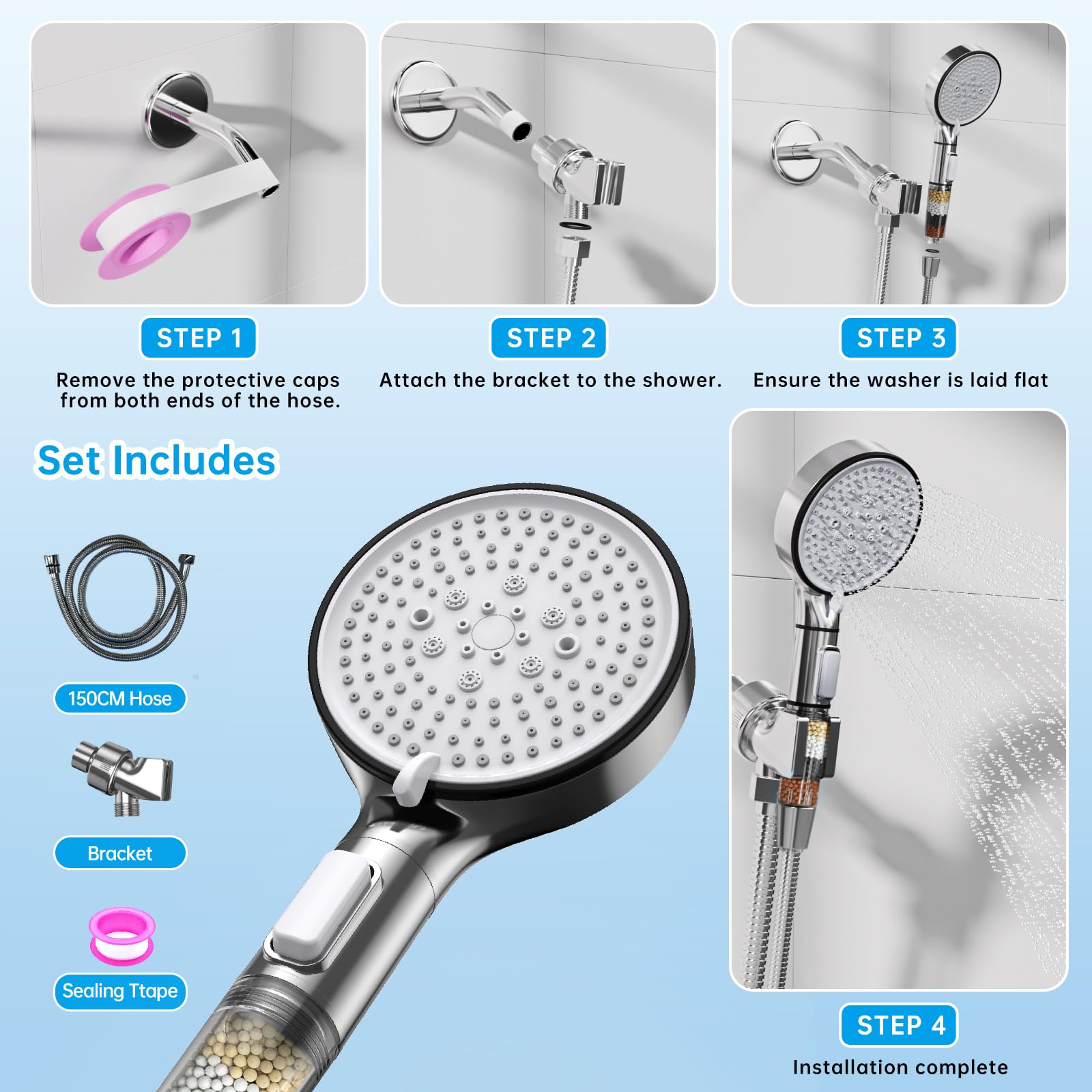 JZRYCU 60-inch hose and adjustable bracket enable flexible installation.