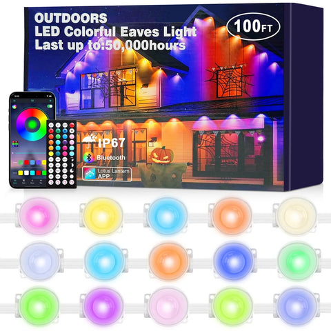 JZVGEN 100ft outdoor light spans eaves with a welcoming exterior glow