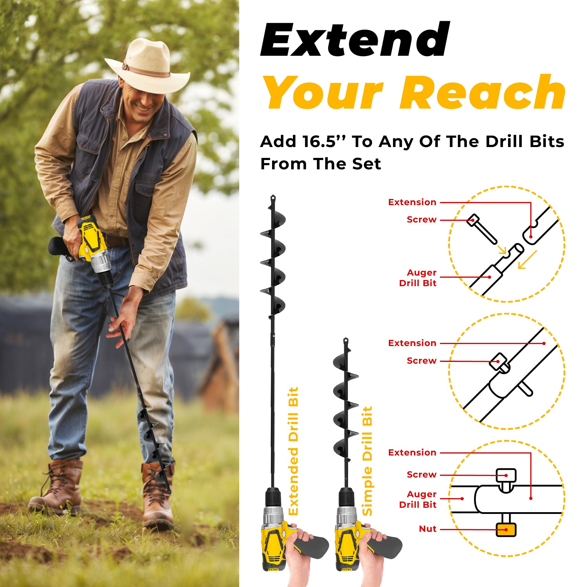 K-Brands auger shows secure 3/8-inch hex drive compatibility
