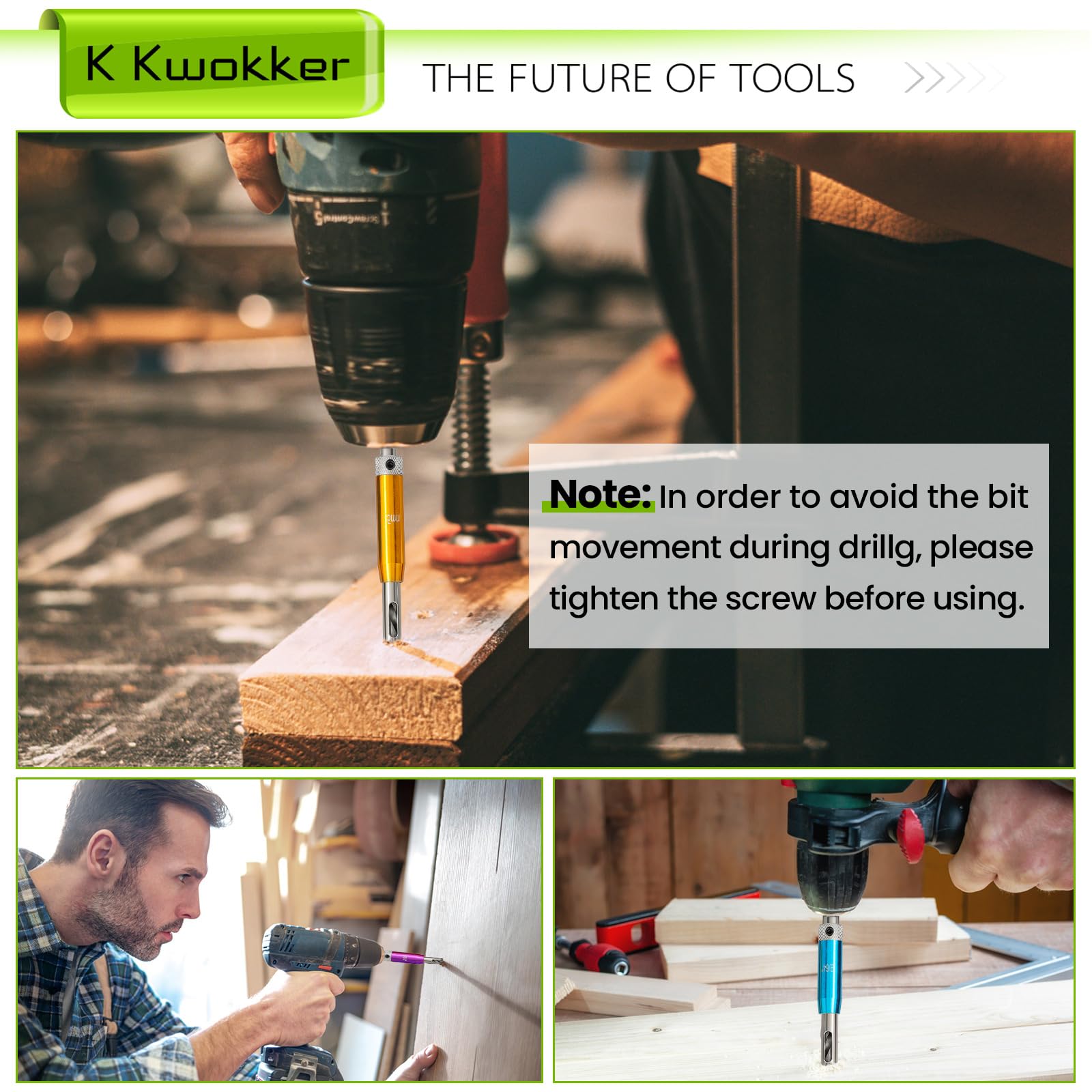 Guided use: tighten center drill bit to prevent off-center holes.