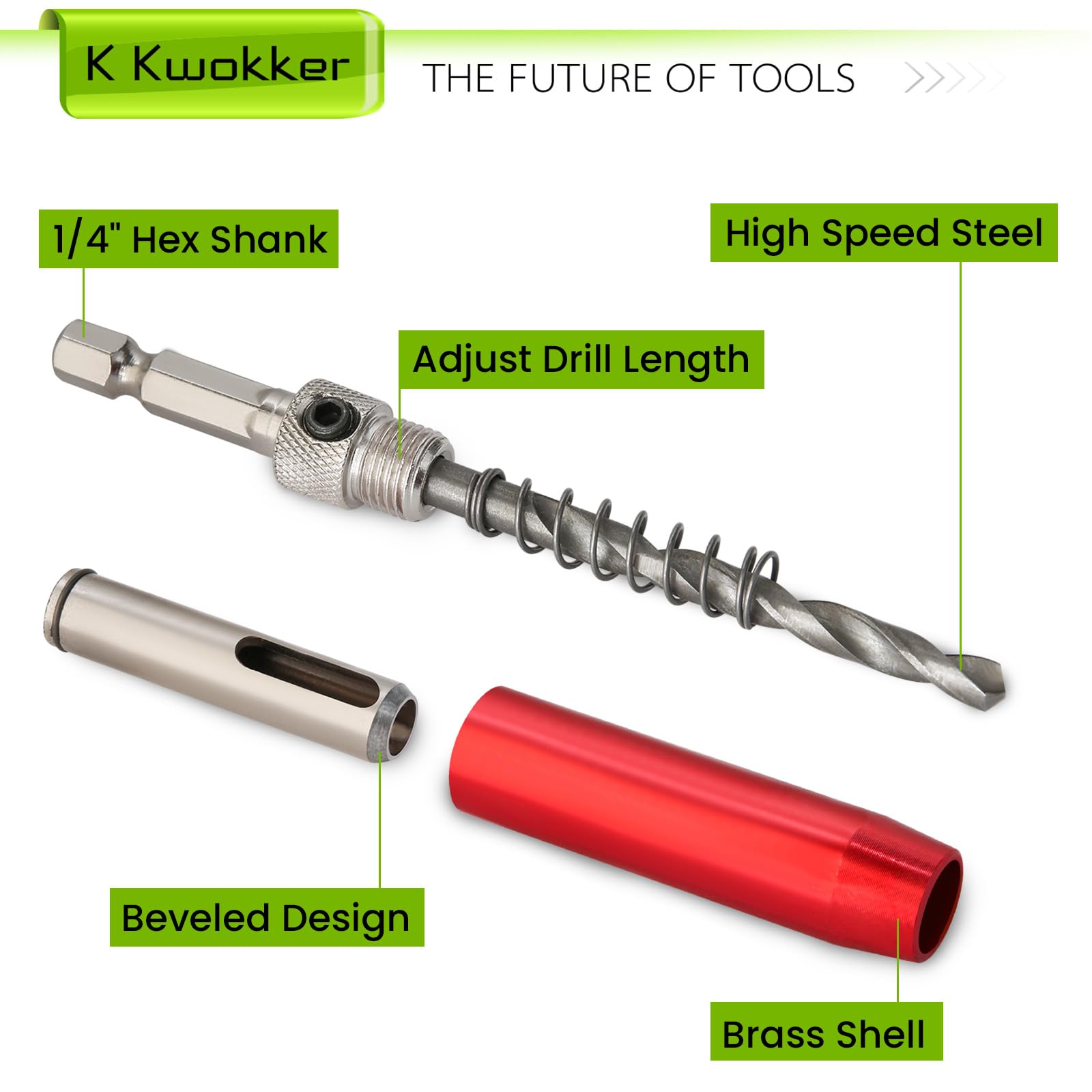 Nine VIX bits and hex key ready for versatile hinge drilling tasks.