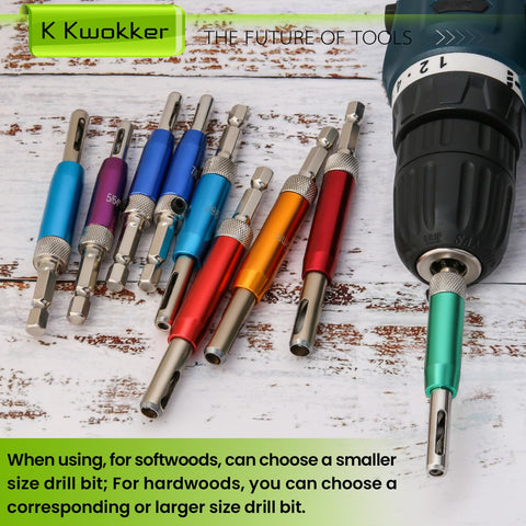 Colorful aluminum case holding K Kwokker hinge drill bits for easy transport.