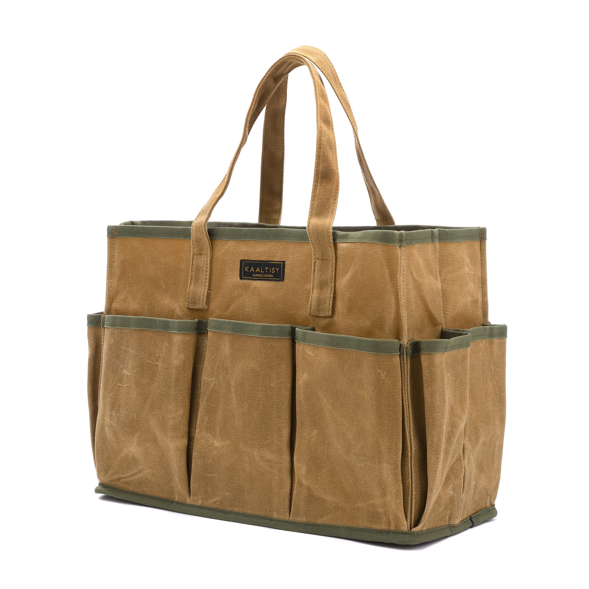 Kaaltisy 16oz waxed canvas tool tote with dimensions for organized on-site use.