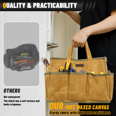 Kaaltisy garden tote keeps pruners and gloves within reach outdoors.