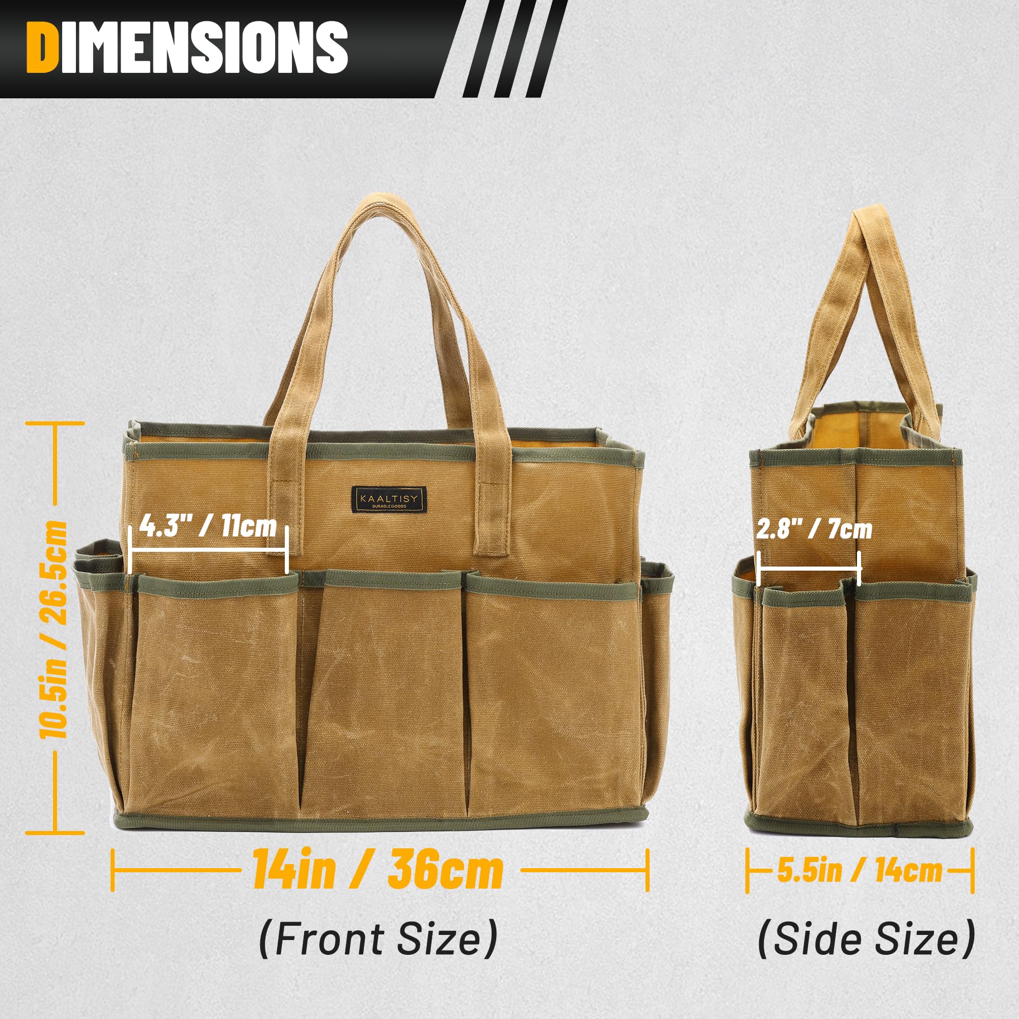 Kaaltisy tool tote exterior pockets enable quick-access storage for tools.