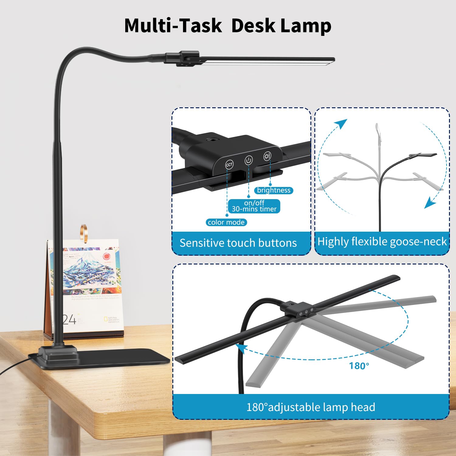 Lamp light directed across a spacious desk for enhanced clarity.