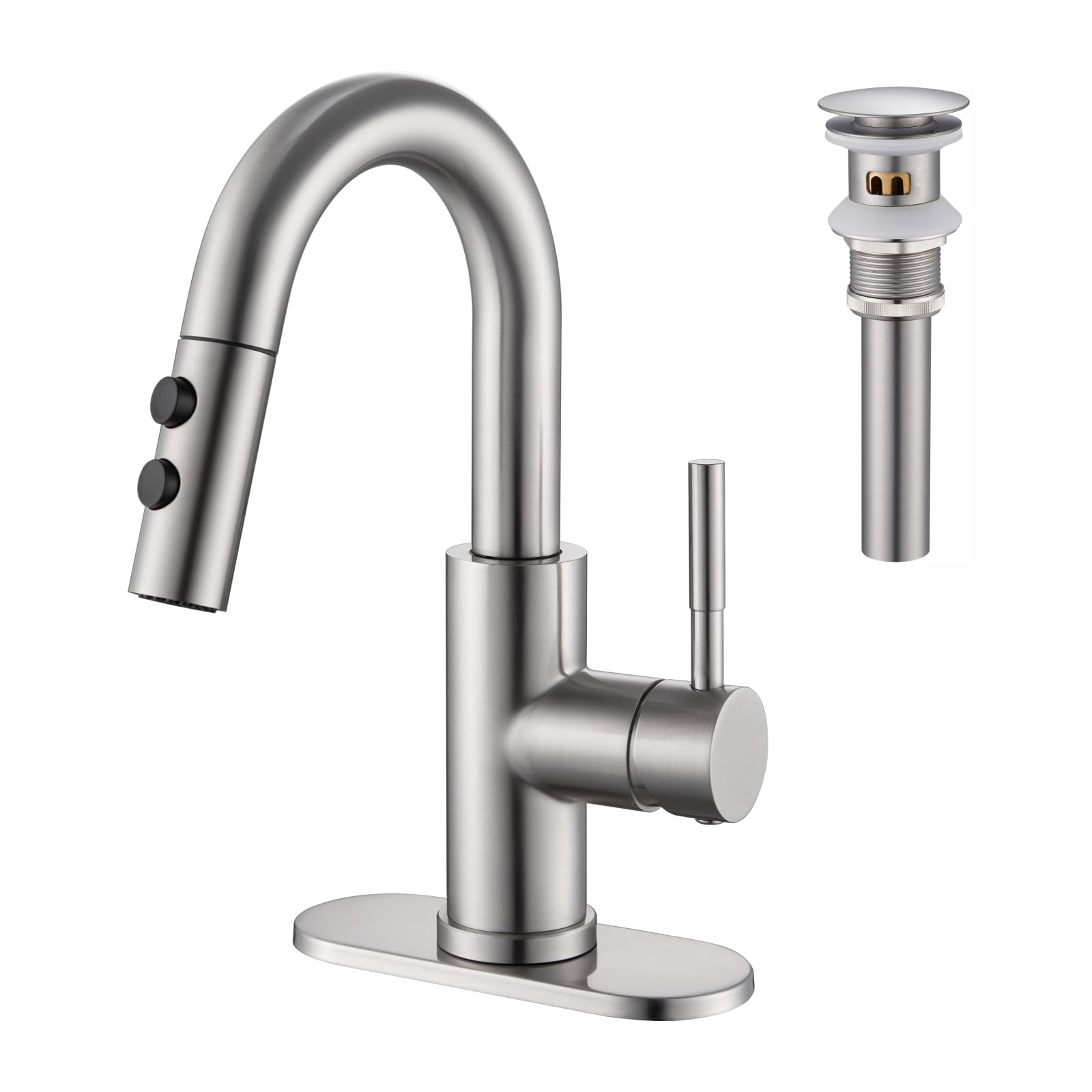 Kablle bathroom faucet with pull-down sprayer for thorough sink cleaning.