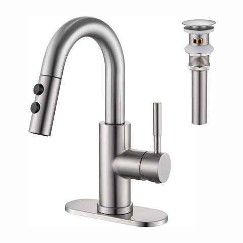 Kablle bathroom faucet with pull-down sprayer for thorough sink cleaning.