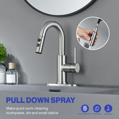 Kablle brushed nickel faucet with deck plate for a modern look.
