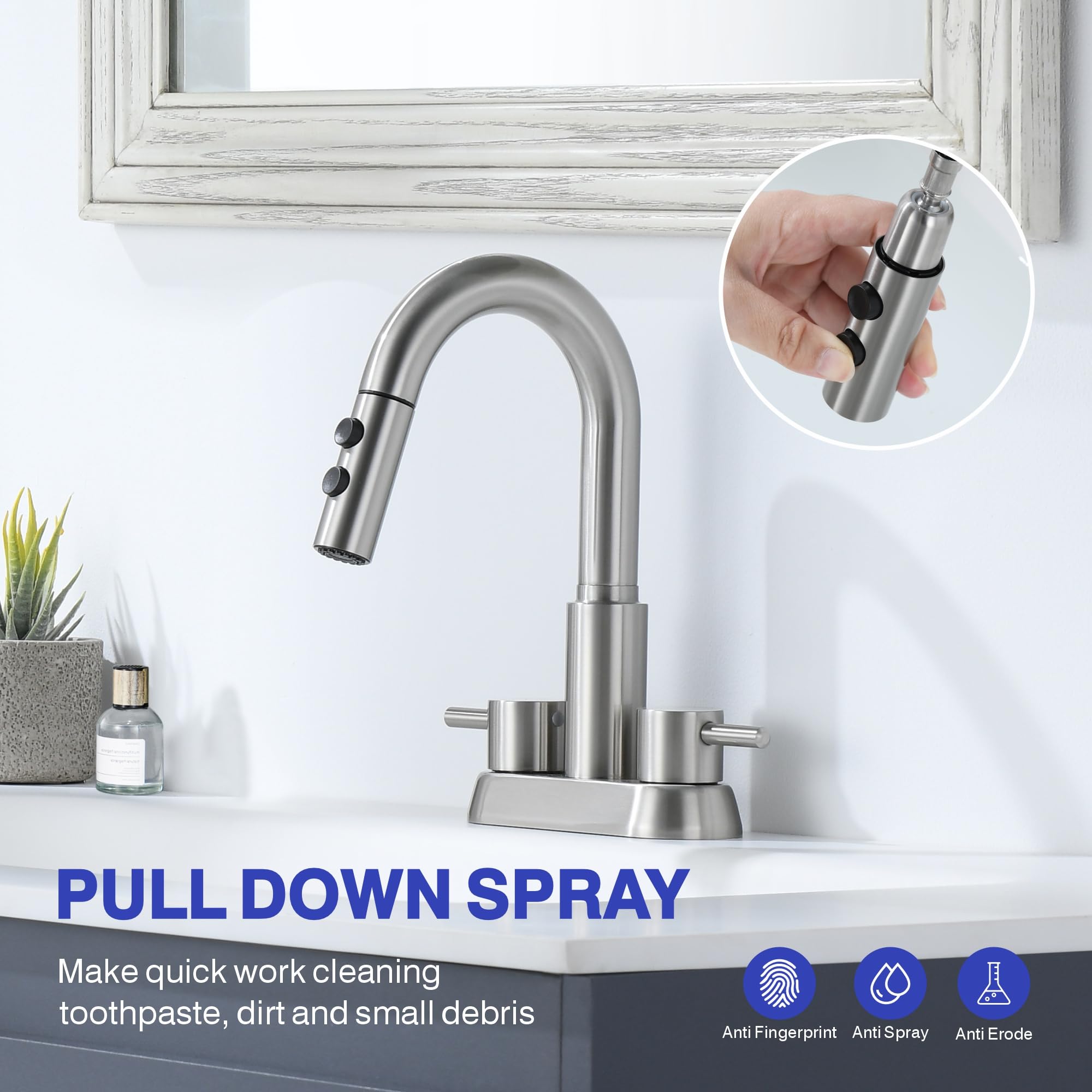 Kablle brushed nickel finish enhances bathroom aesthetics and resists fingerprints.