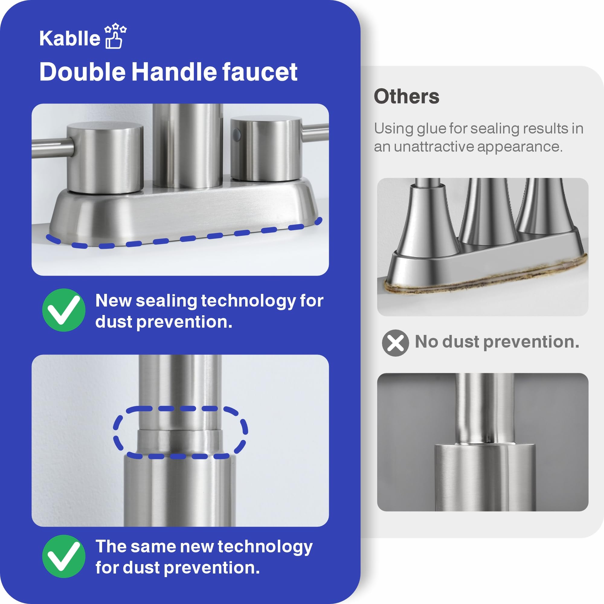 Kablle pop-up drain with overflow helps prevent clogs.