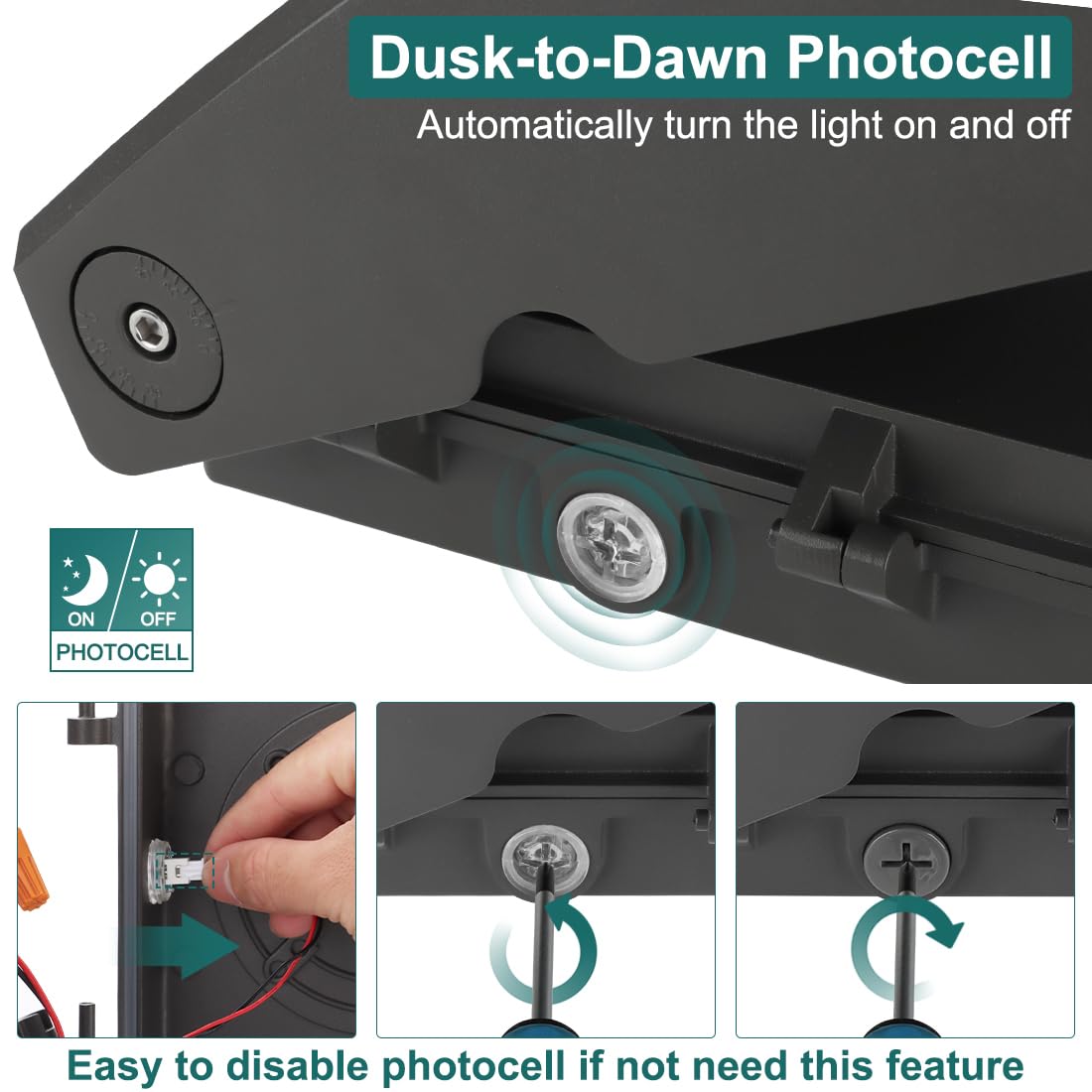 Kadision wall pack with dusk-to-dawn photocell for automatic night lighting.