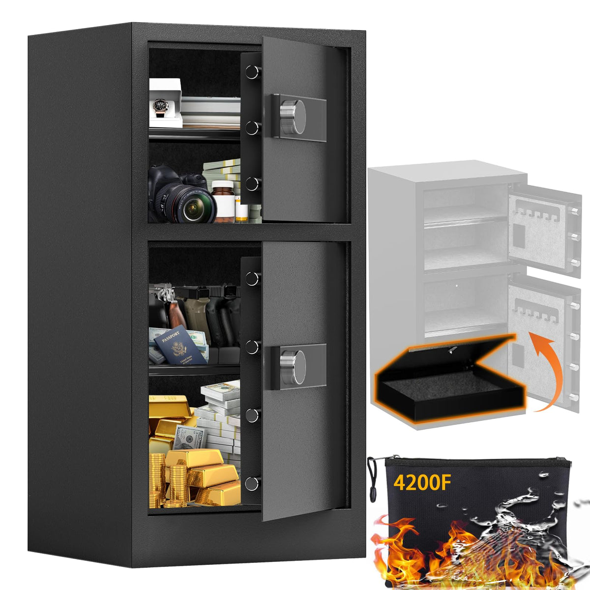KAER heavy duty 8.6 cu ft dual-door safe interior shows organized space for documents and valuables.