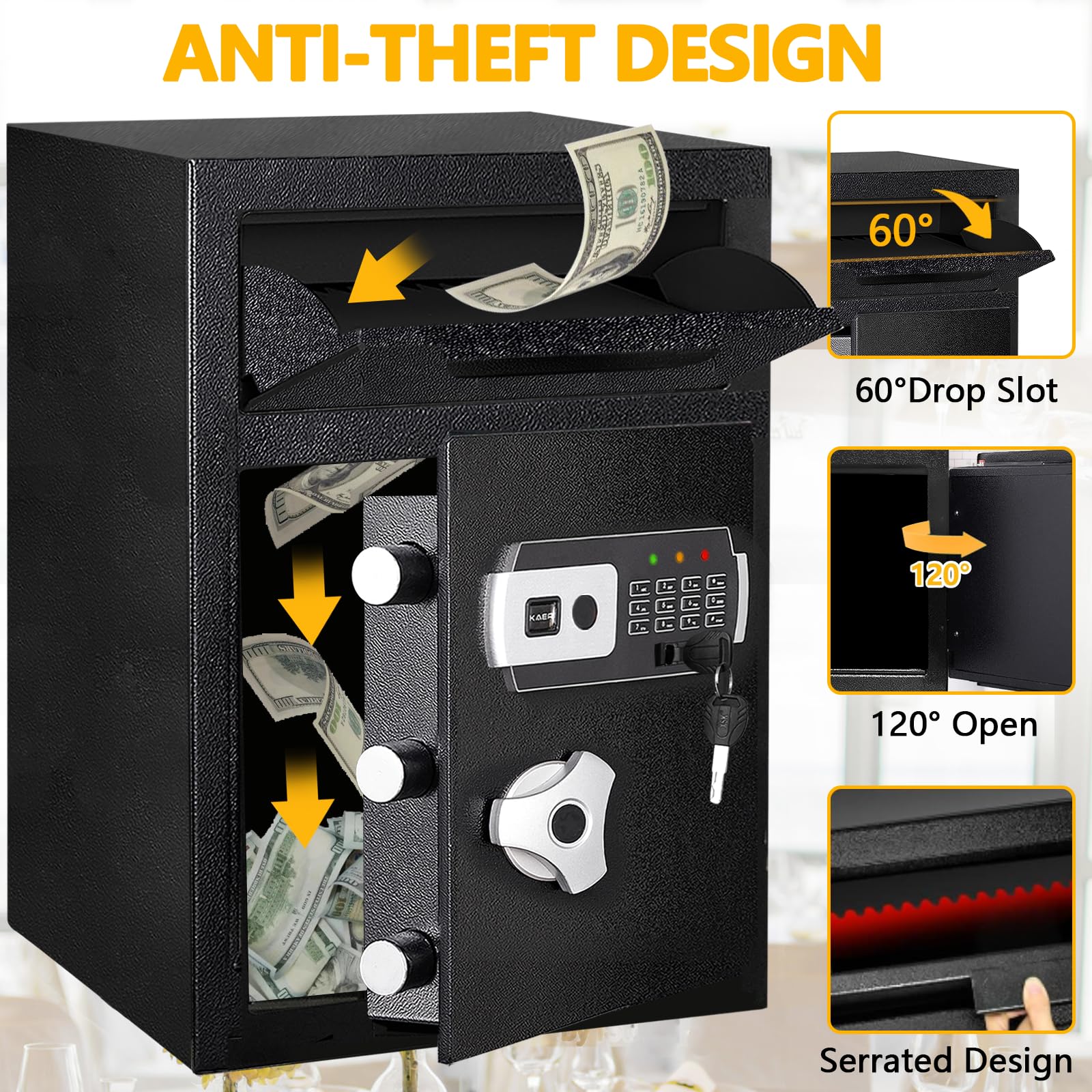 KAER safe with LED light and wide 120-degree opening