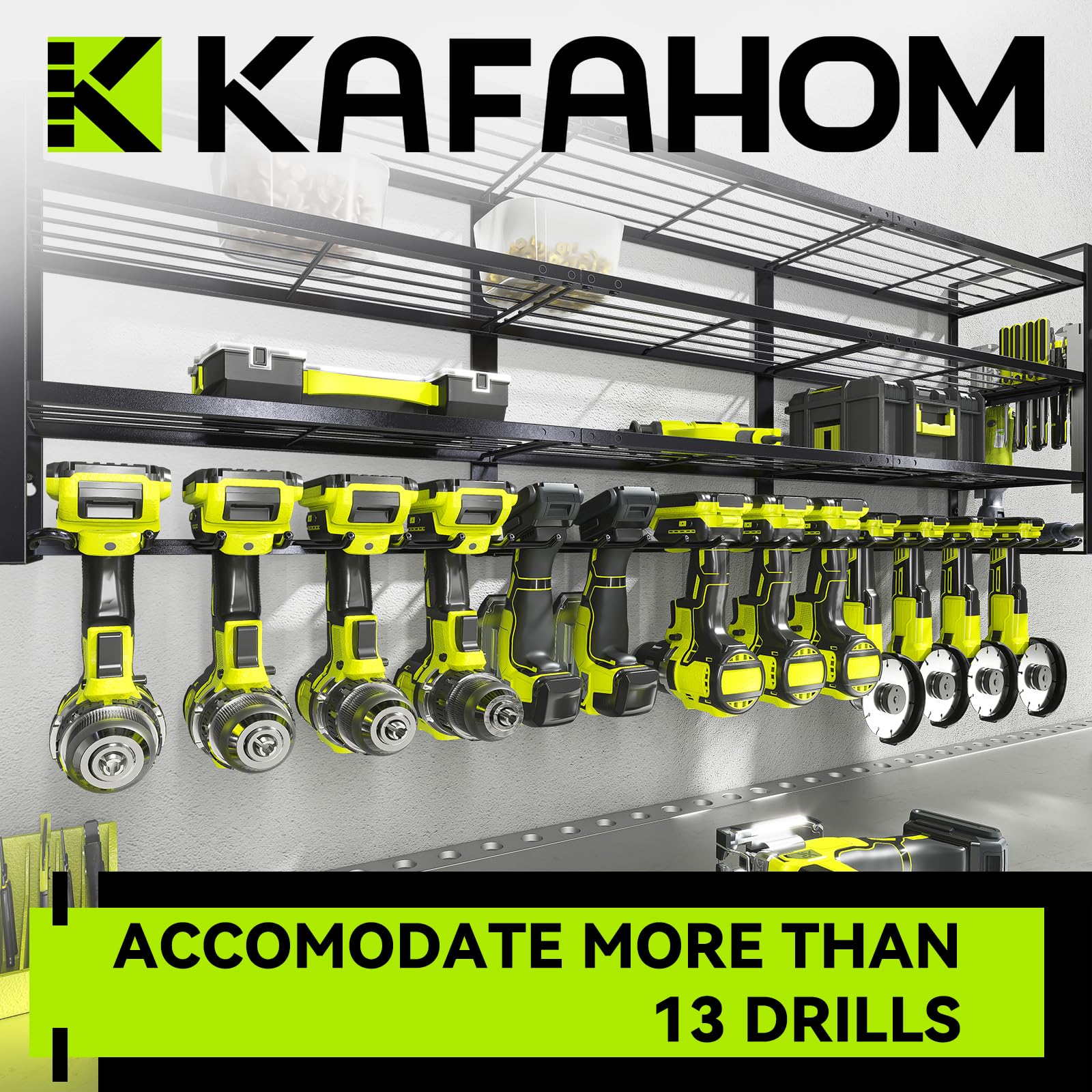 KAFAHOM 25-hook bottom tier offers flexible hanging for cords and small tools.