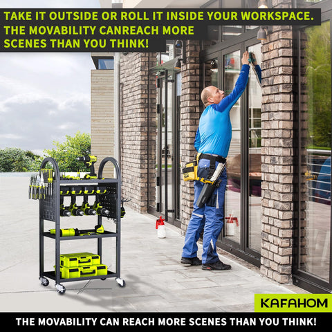 KAFAHOM four-tier storage rack offers space for drills, batteries, and bits.