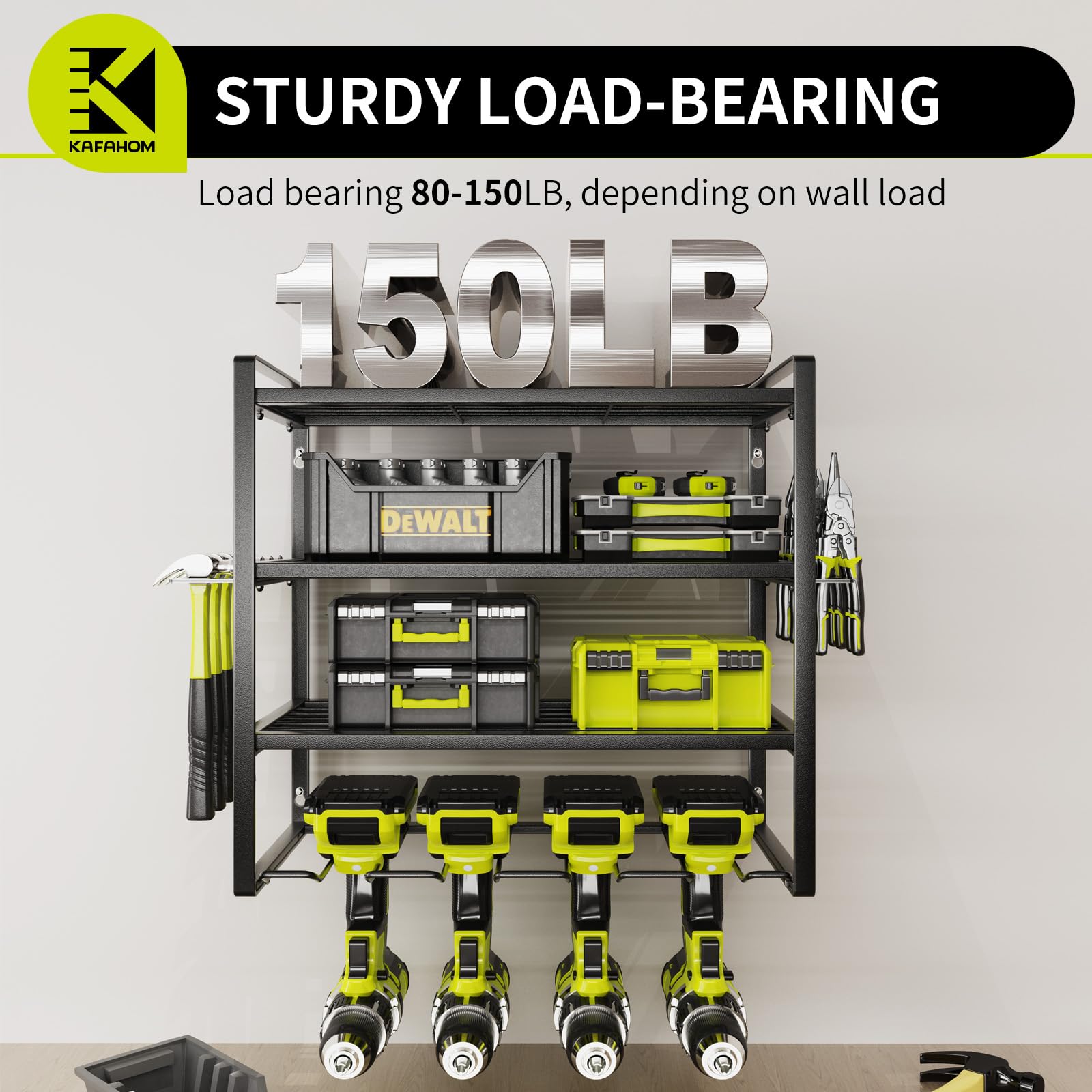 KAFAHOM four-tier tool shelf organizing heavy tools and small parts