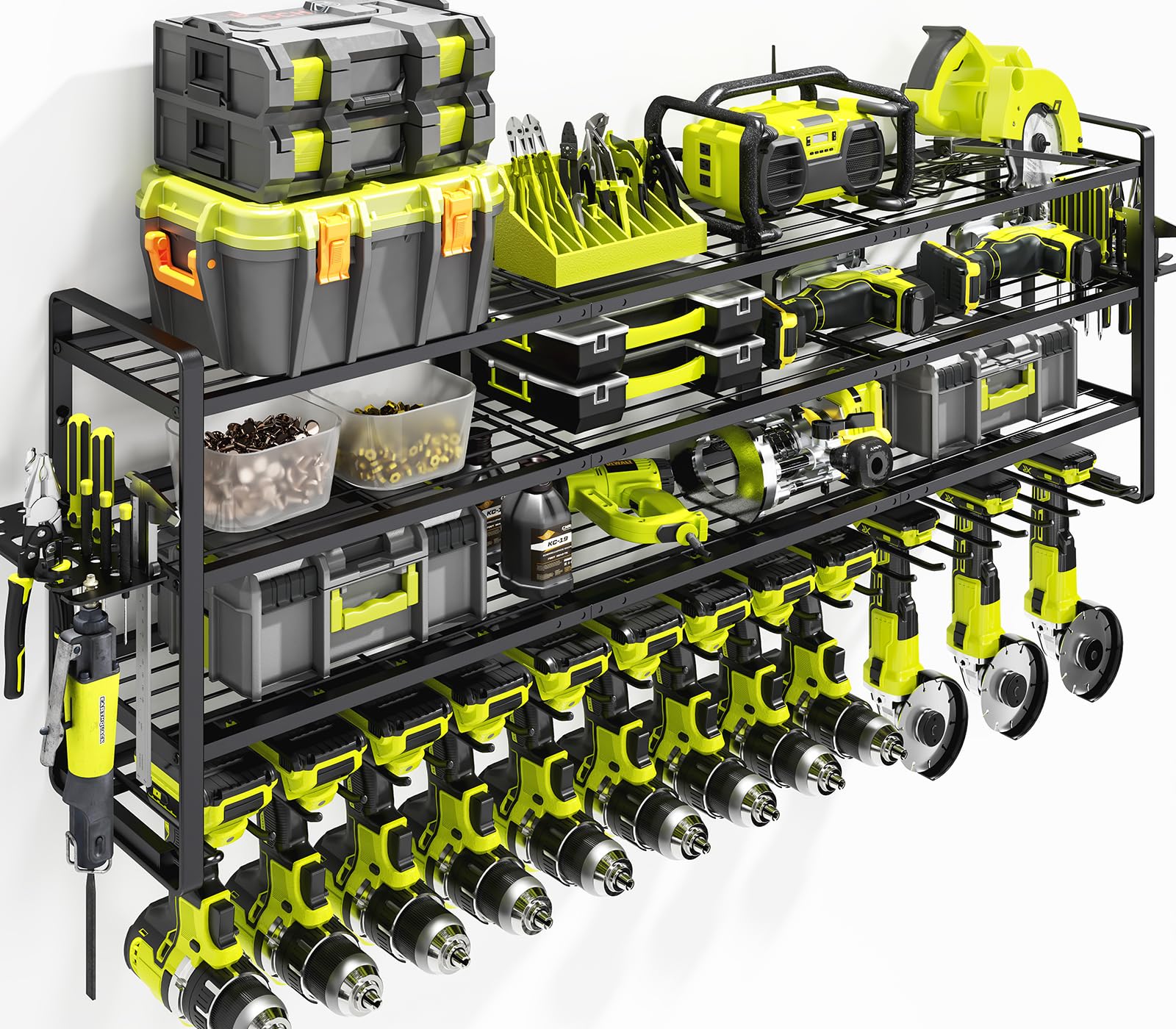KAFAHOM four-tier wall-mount organizer keeps tools within easy reach for a tidy garage.