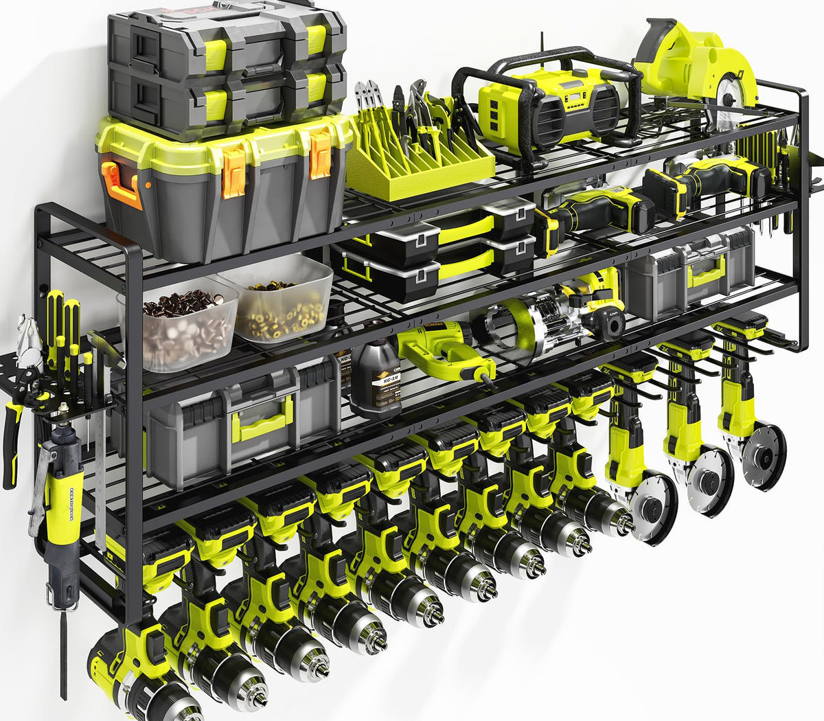 KAFAHOM four-tier wall-mount organizer keeps tools within easy reach for a tidy garage.
