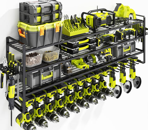 KAFAHOM four-tier wall-mount organizer keeps tools within easy reach for a tidy garage.