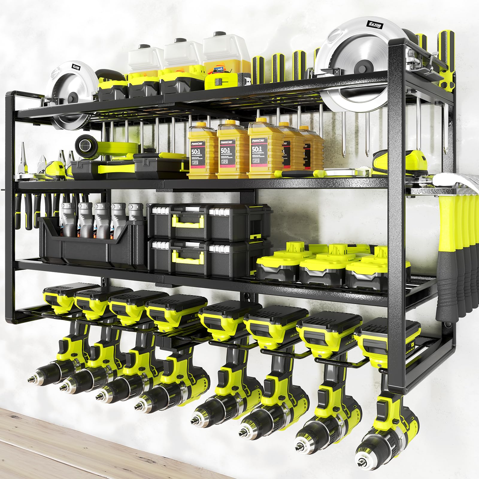KAFAHOM garage workspace setup with organized tools and rack