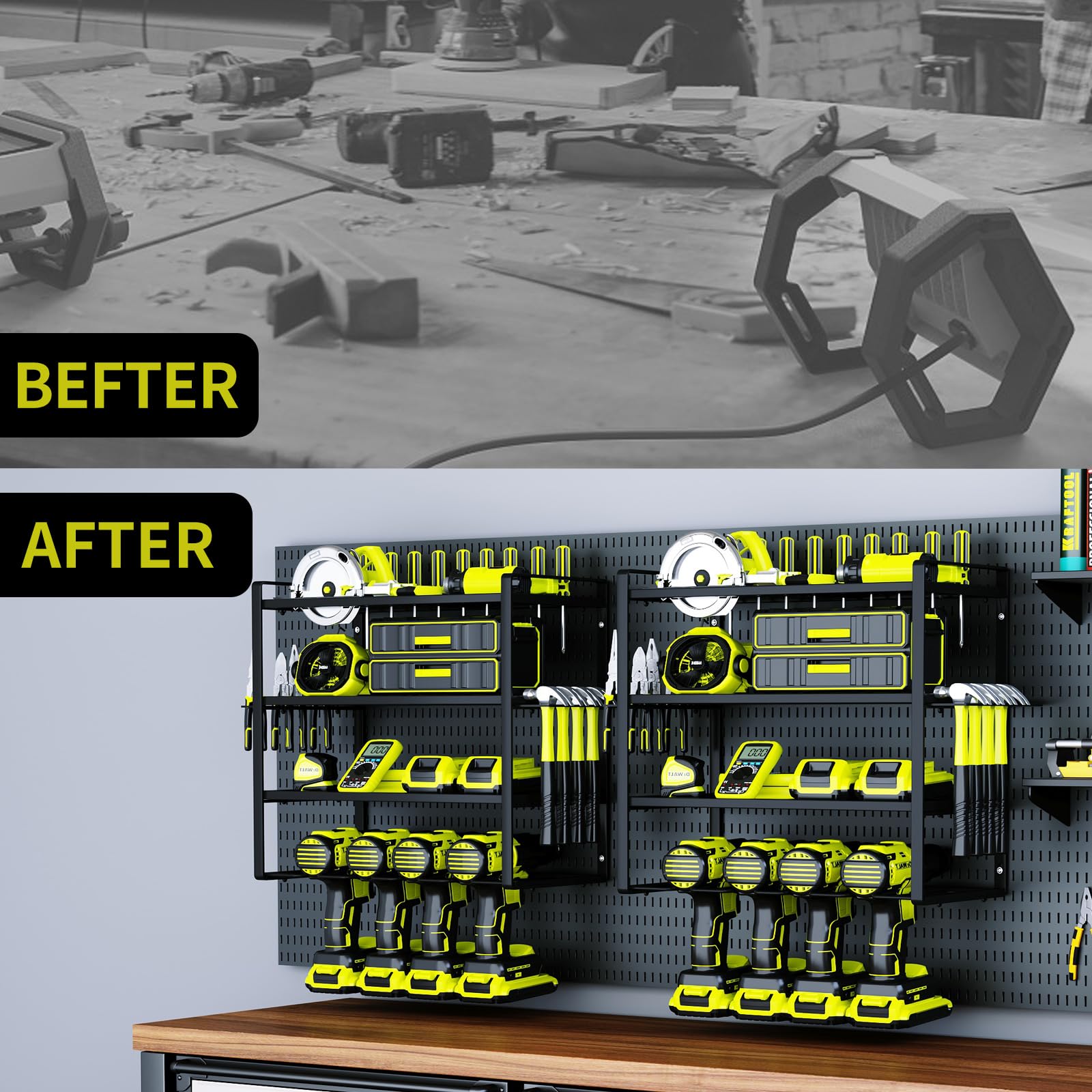 KAFAHOM heavy-duty metal rack supports durable tool storage in a garage