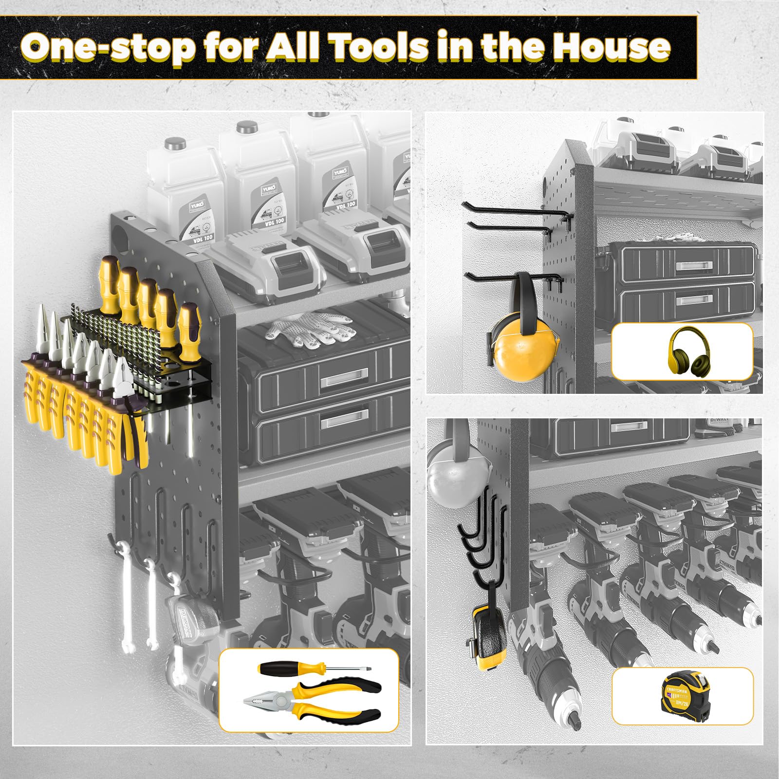 KAFAHOM heavy-duty metal shelf with 12 hooks for cords and tools.