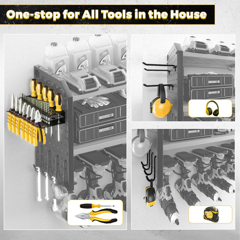KAFAHOM heavy-duty metal shelf with 12 hooks for cords and tools.