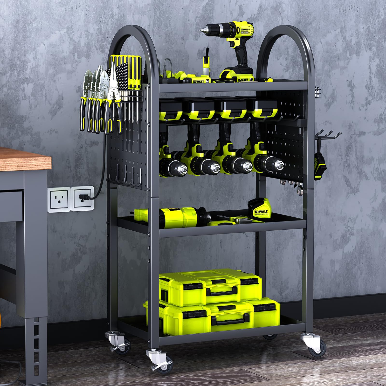 KAFAHOM power tool organizer four-tier cart with drill holders keeps your garage organized.
