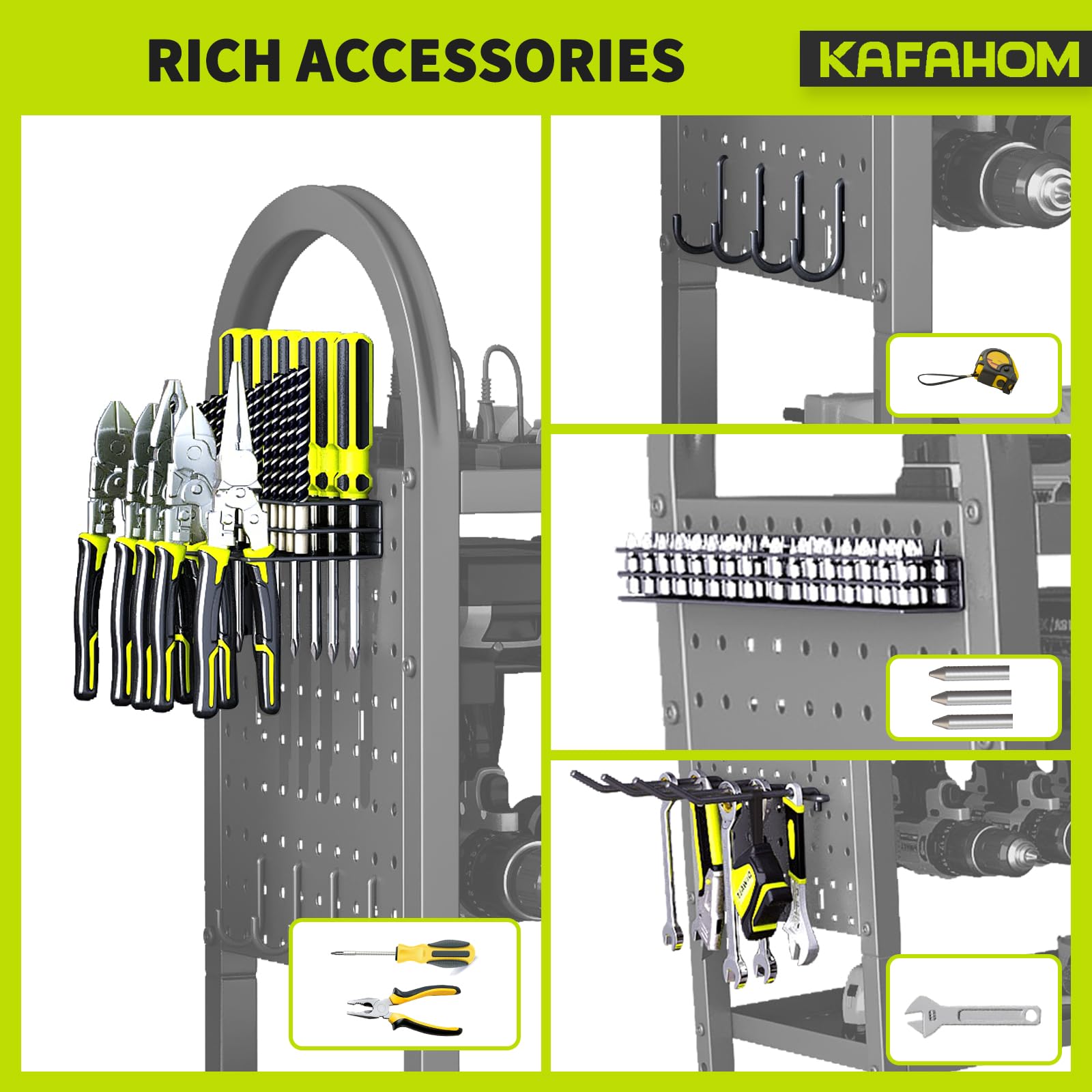 KAFAHOM rolling tool cart with side pegboard enables quick access to hand tools.