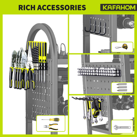 KAFAHOM rolling tool cart with side pegboard enables quick access to hand tools.