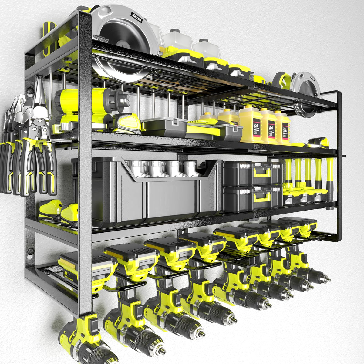 KAFAHOM power tool organizer wall mount front view showing compact space-saving design
