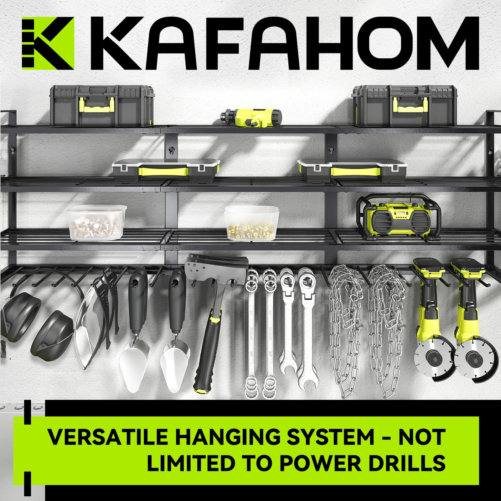KAFAHOM top shelves organize drill bits and blades for quick access.