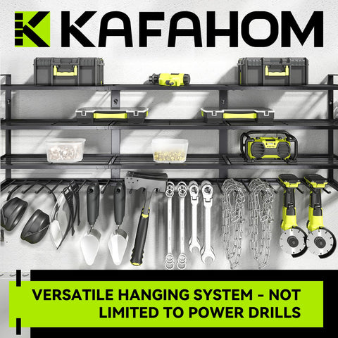 KAFAHOM top shelves organize drill bits and blades for quick access.
