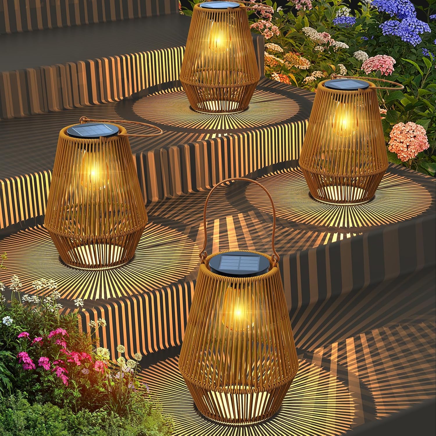 KagoLing solar lanterns in dusk activation mode casting warm ambient light