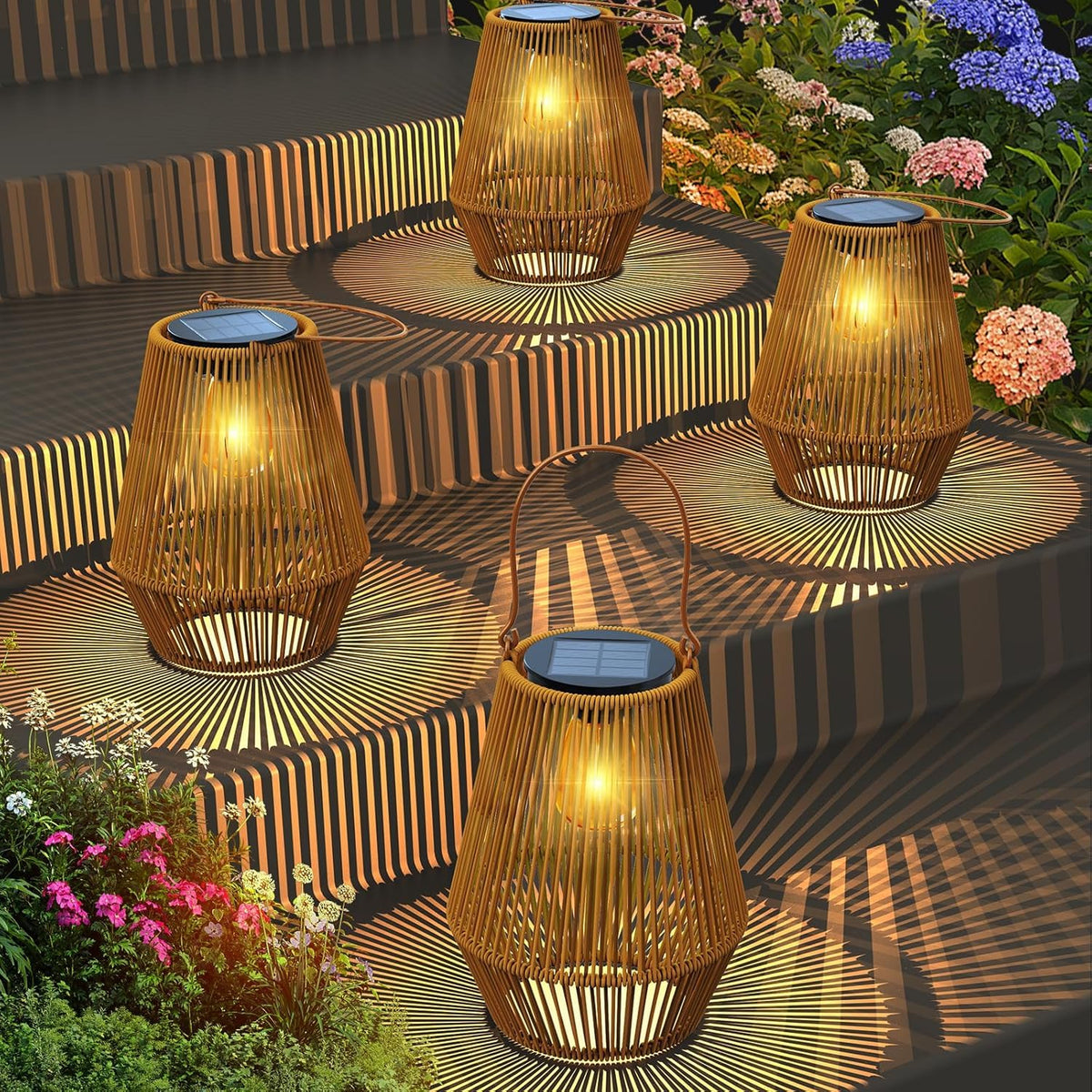 KagoLing solar lanterns in dusk activation mode casting warm ambient light