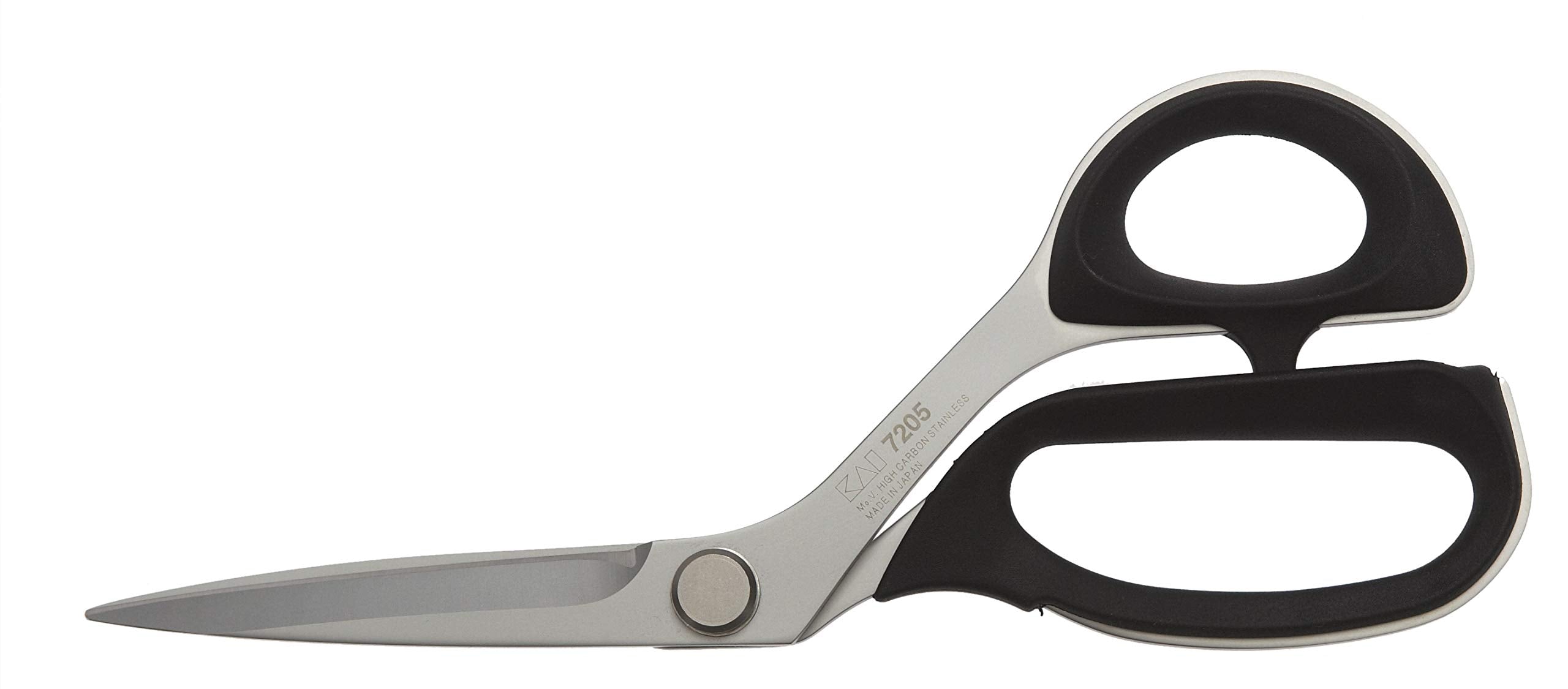 Kai 7205 8-inch professional shears close-up with sharp carbon steel blades for precision fabric cutting.