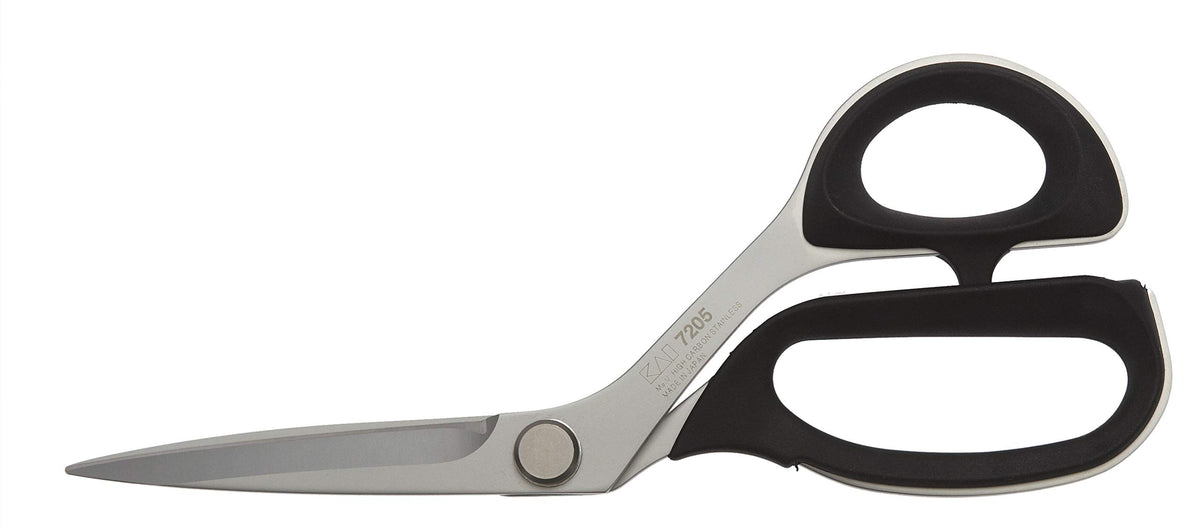 Kai 7205 8-inch professional shears close-up with sharp carbon steel blades for precision fabric cutting.