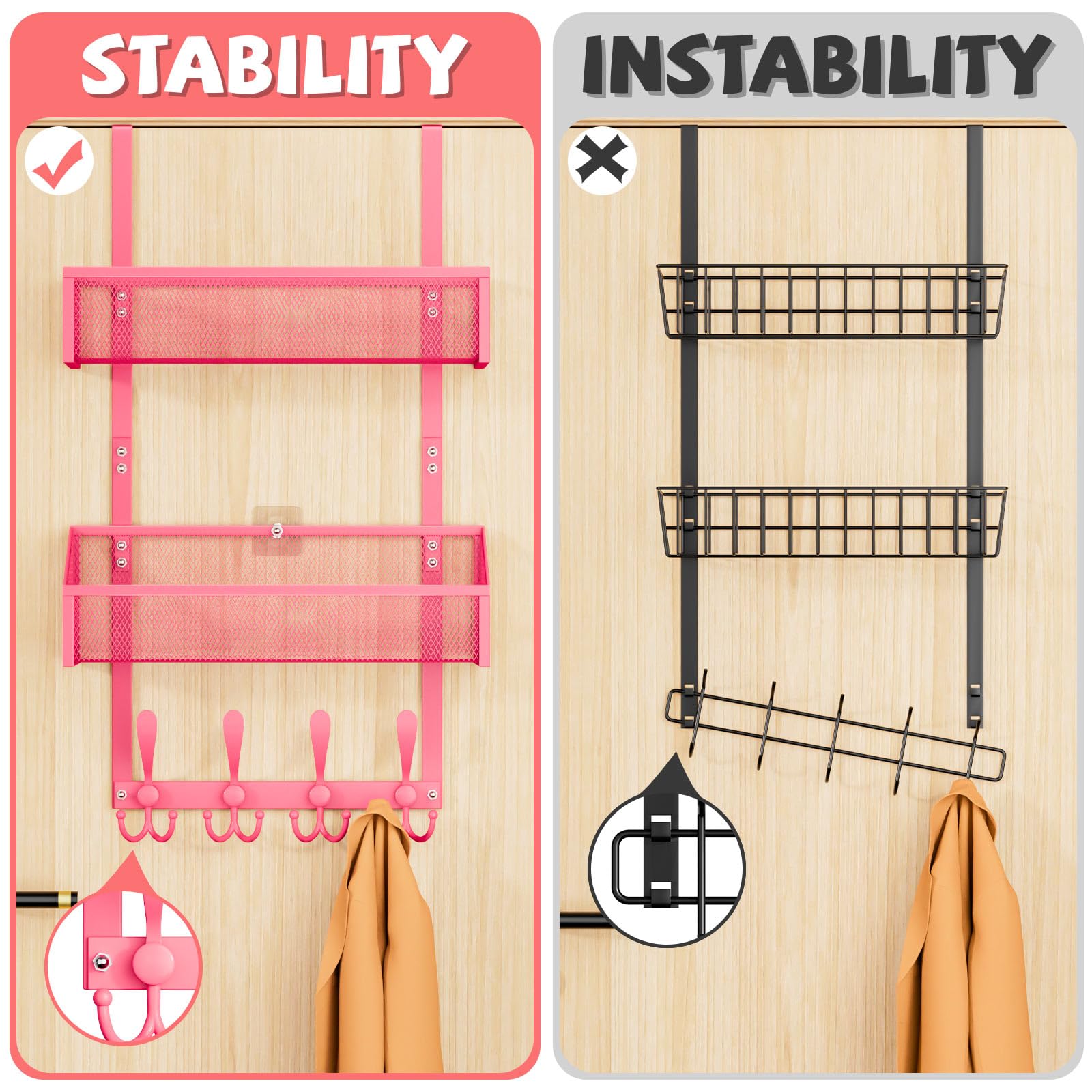 Kaiferty pink 3-tier organizer basket detail showing deep storage for larger items.
