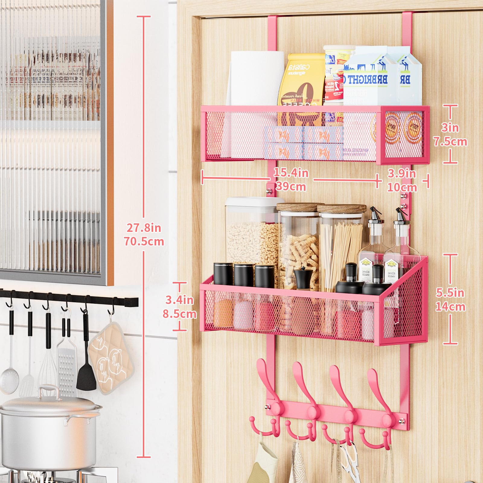 Kaiferty pink organizer in bathroom keeps towels and toiletries neatly within reach.