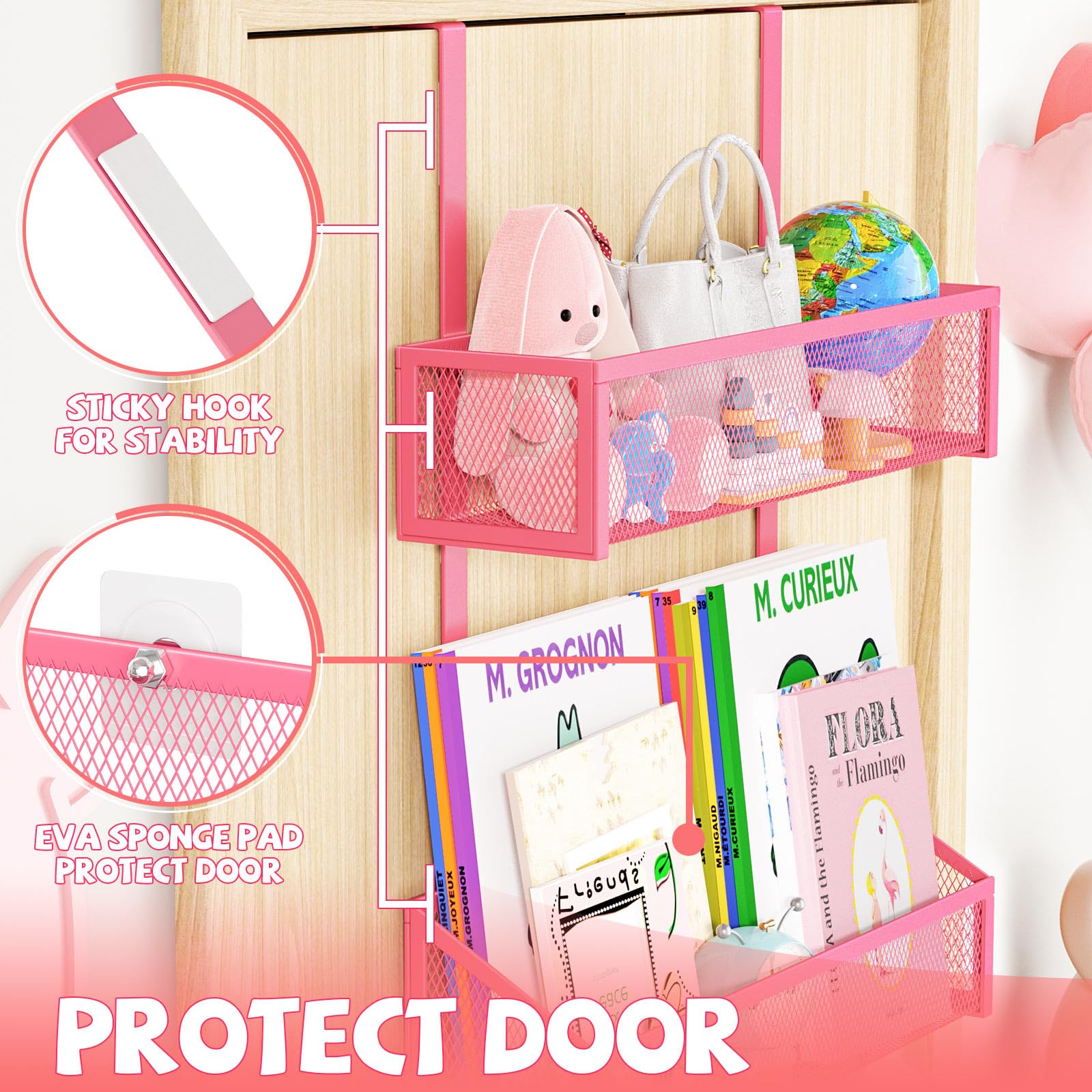 Kaiferty pink over-the-door hooks fit most doors and protect surfaces with padding.