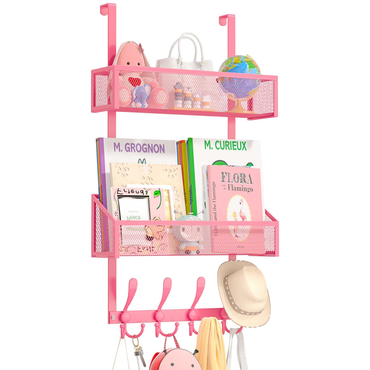 Kaiferty pink 3-tier over-the-door organizer, front view, ideal for towels and small items.