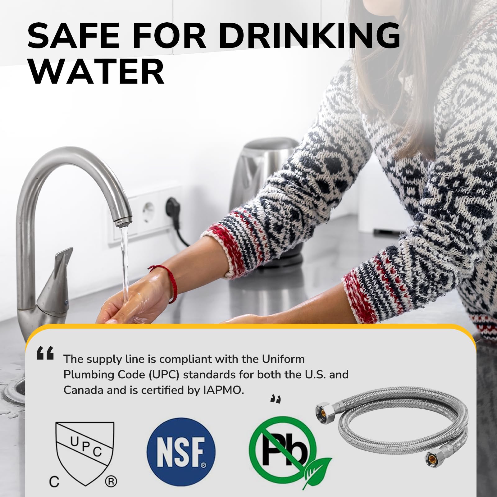 KAINGA quick-install faucet hose ready for rapid connection to valves and fixtures