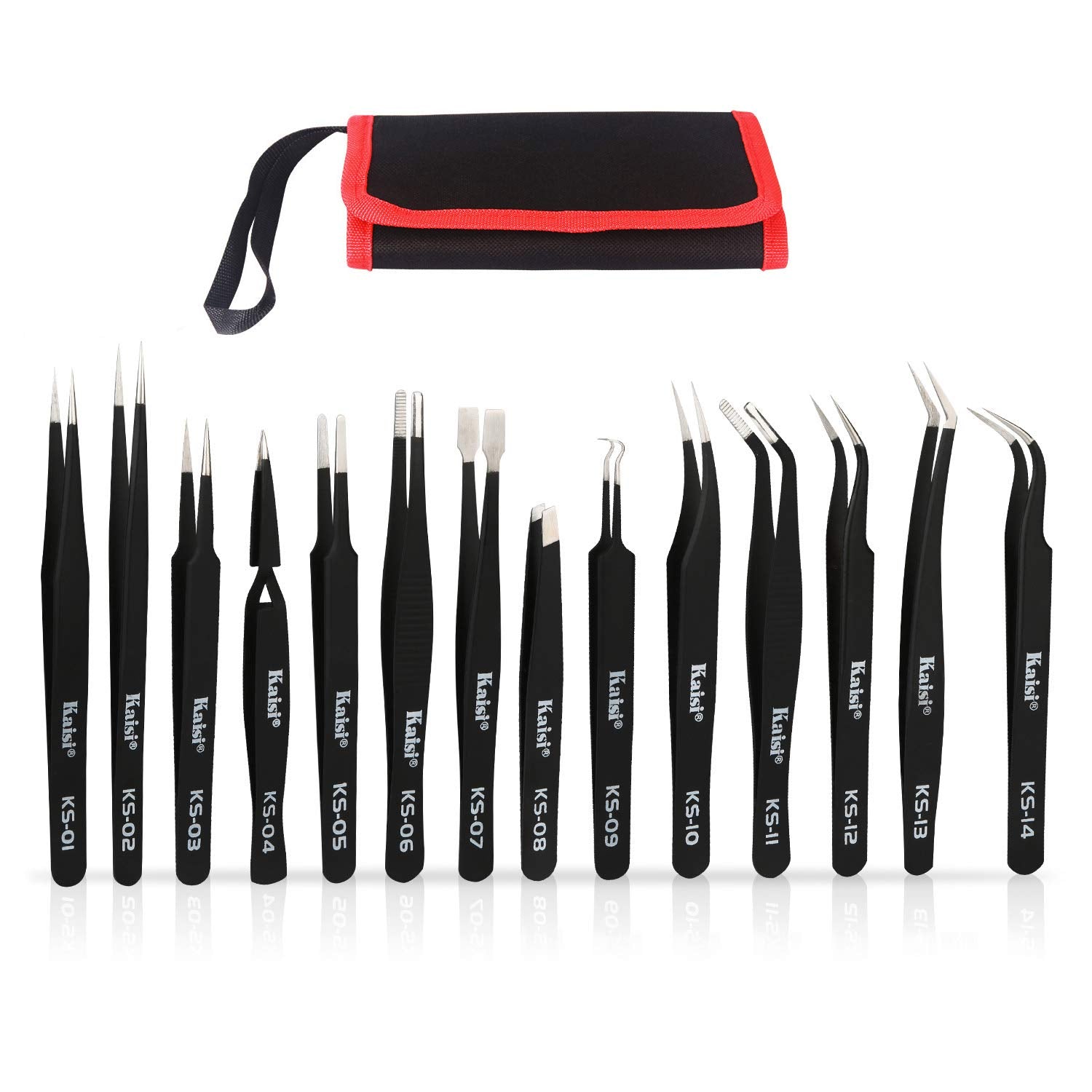 Kaisi 14-pcs precision tweezers set for detailed electronics tasks.