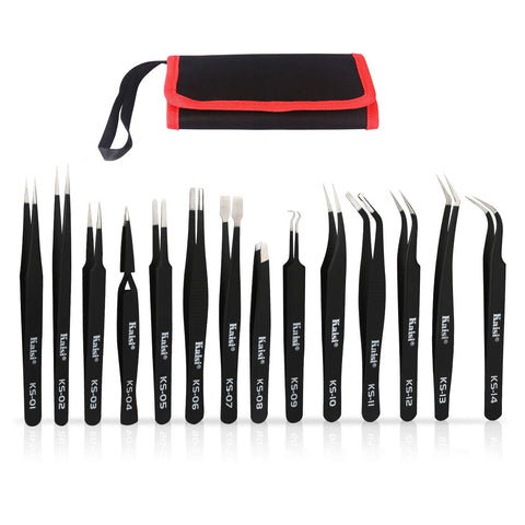 Kaisi 14-pcs precision tweezers set for detailed electronics tasks.