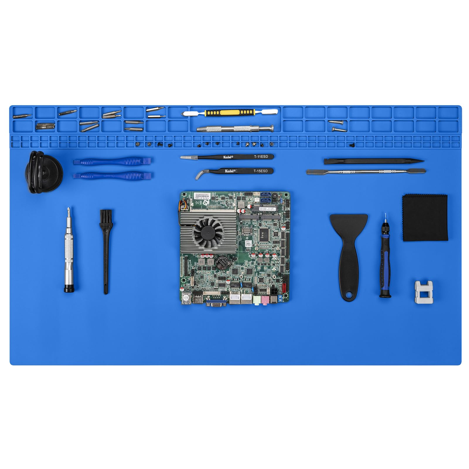 Kaisi extra-large blue soldering mat provides ample workspace for laptops and electronics.