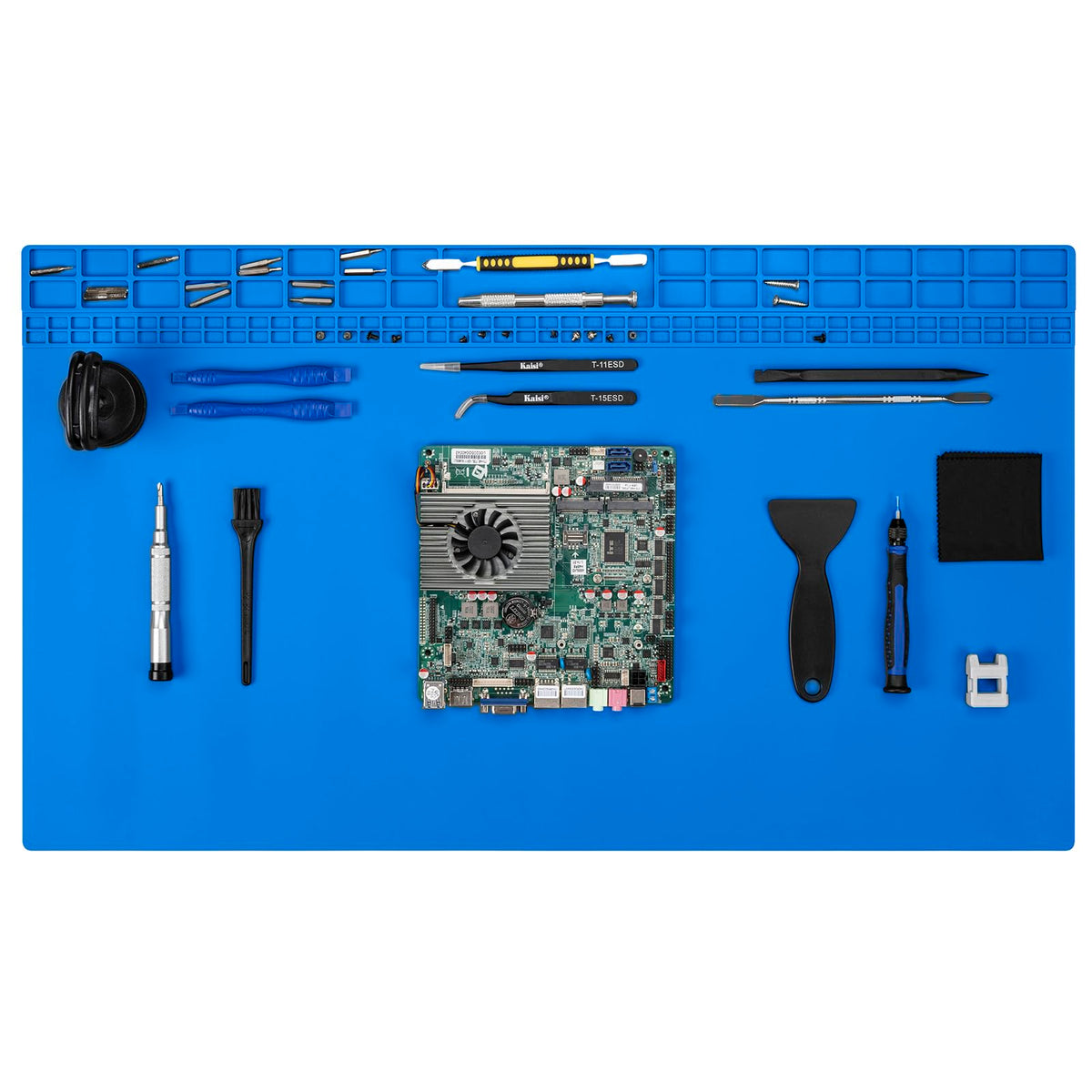 Kaisi extra-large blue soldering mat provides ample workspace for laptops and electronics.