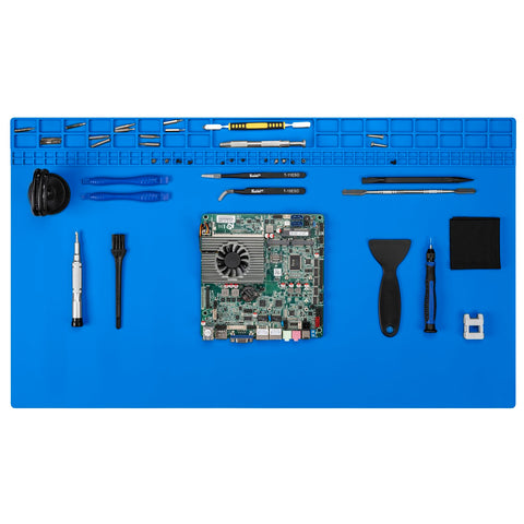 Kaisi extra-large blue soldering mat provides ample workspace for laptops and electronics.